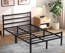 Double Bed Frames with Headboard 4ft6 Black Metal Double Bed Frame with Storage for Adult Teenagers Heavy Duty Non-Slip with Steel Slats No Box Spring Needed