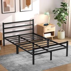 Double Bed Frames with Headboard 4ft6 Black Metal Double Bed Frame with Storage for Adult Teenagers Heavy Duty Non-Slip with Steel Slats No Box Spring Needed