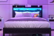 4ft6 Double Size Bed Frame with LED Lights Storage Upholstered Headboard and Charging Station, Solid Metal Platform Bed Double Size, No Box Spring Needed, Noise Free