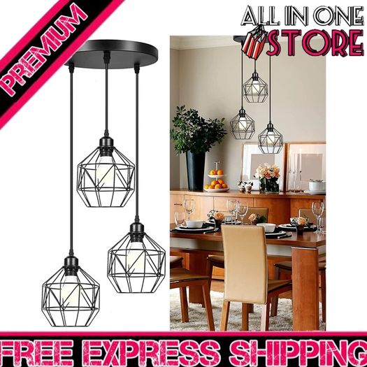 Pendant Light Hanging Lamp Fixture - 3-Light Vintage Hanging Ceiling Light Fixtures Black Metal Industrial Pendant Lighting Shade for Farmhouse Kitchen Dining Room (FREE POSTAGE)