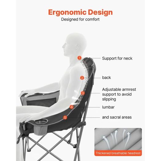 Oversized Camping Chairs, 204 kg Heavy Duty Support, Portable Padded Folding Camp Chairs with Dual Cup Holders & Wine Glass Holders, Carry Bag for Outdoor, Fishing, Black & Gray, 1 Pack