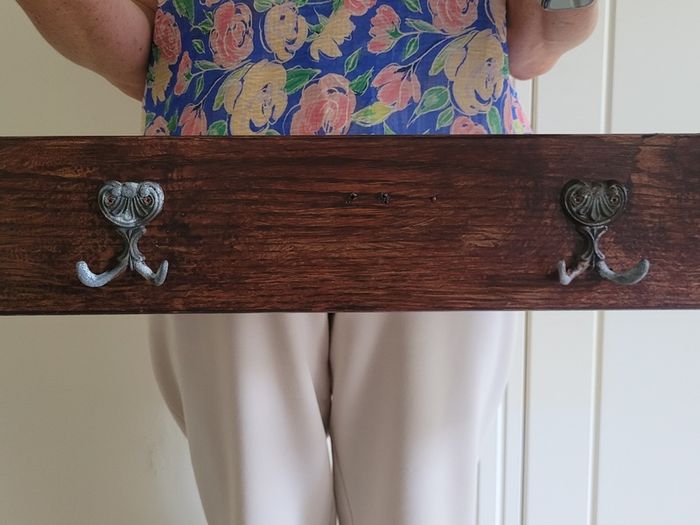 Antique Oak Wall Shelf with Brass Hooks Irish Made