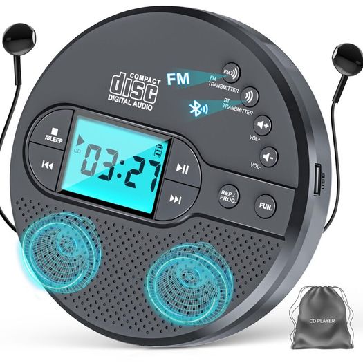 High quality portable CD player featuring an FM transmitter