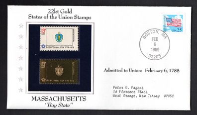 1988 USA Massachusetts "Bay State" 22kt Gold Replica of the 1976 United States Flag Stamps showing 25c US flag definitive tied Boston, Massachusetts (state capital) illustrated cover.