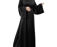 Brand New Women's Islamic Dress Satin Robe with Bishop Sleeves - Black L.