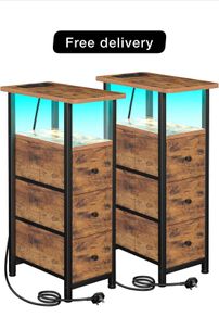 Slim Bedside Table Set of 2 with Charging Station