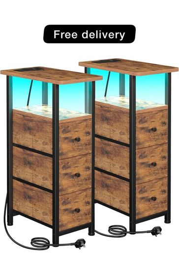 Slim Bedside Table Set of 2 with Charging Station