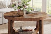 Round Coffee Table, 2-Tier Round Coffee Table with Storage Space, 80cm Modern Wooden Accent Table for Living Room, Thick Table Top and Base, Rustic Brown