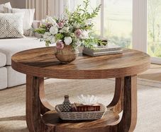 Round Coffee Table, 2-Tier Round Coffee Table with Storage Space, 80cm Modern Wooden Accent Table for Living Room, Thick Table Top and Base, Rustic Brown