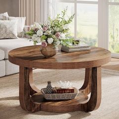 Round Coffee Table, 2-Tier Round Coffee Table with Storage Space, 80cm Modern Wooden Accent Table for Living Room, Thick Table Top and Base, Rustic Brown