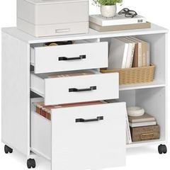 Industrial Rolling File Cabinet with 3 Drawers and Wheels, Open Compartments for A4 Documents, Letter Size, Printer Stand
