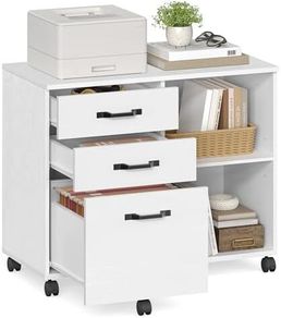 Industrial Rolling File Cabinet with 3 Drawers and Wheels, Open Compartments for A4 Documents, Letter Size, Printer Stand