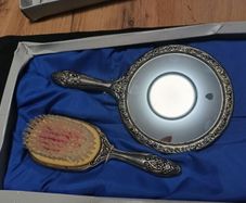 Vintage Victoria Vanity Mirror and Brush Silver Plated Set