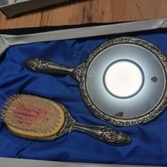 Vintage Victoria Vanity Mirror and Brush Silver Plated Set