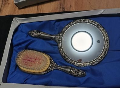 Vintage Victoria Vanity Mirror and Brush Silver Plated Set