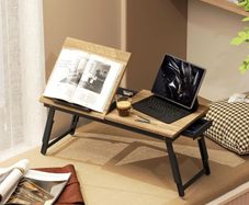 Foldable and Adjustable Bed Table, Bamboo Bed Laptop Top - Tiltable Top, Drawer, Oak