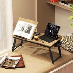 Foldable and Adjustable Bed Table, Bamboo Bed Laptop Top - Tiltable Top, Drawer, Oak