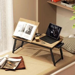 Foldable and Adjustable Bed Table, Bamboo Bed Laptop Top - Tiltable Top, Drawer, Oak