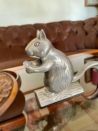 Vintage Aluminum Metal Squirrel on Log Nutcracker