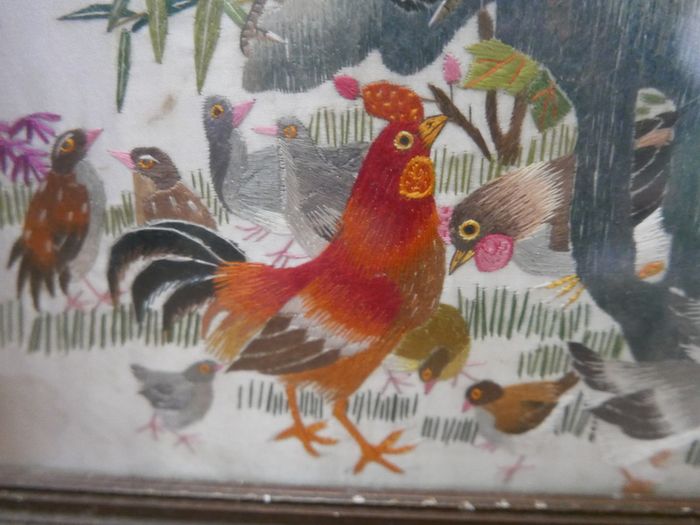 Antique Early 20c Chinese Silk Embroidery Birds Panel Framed - 23"x14"