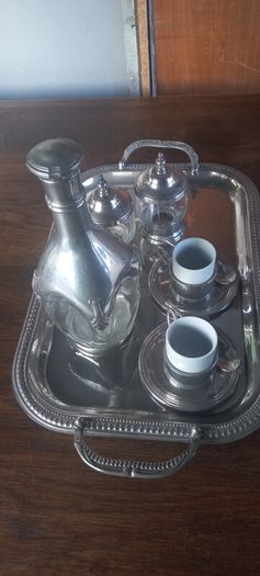 Antique stainless steel and glass French coffee set with tray