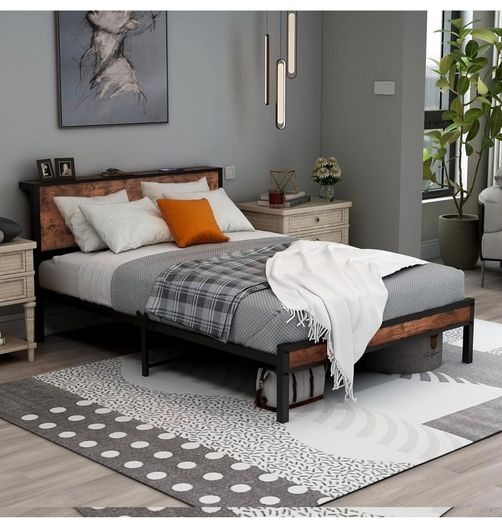 Double Bed Frame with Storage Headboard,Brown 4ft6 Metal Platform Bed frame with Wooden Headboard,Mattress Base,Underbed Storage,No Box Spring Needed