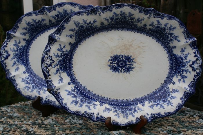 Vintage Ironstone Blue and white Transfer Serving Plates HUDSON WILCOX & TILL - England 16"x12" and 14"x11"