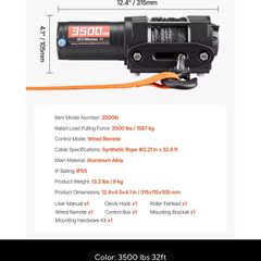 3500LBS 12V Wired Electric ATV/UTV Winch with 32/39ft Synthetic Rope Aluminum Fairlead Mount Plate for Towing Car