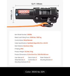 3500LBS 12V Wired Electric ATV/UTV Winch with 32/39ft Synthetic Rope Aluminum Fairlead Mount Plate for Towing Car
