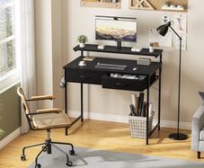 Gaming Desk with Adjustable Monitor Stand, Computer Office Desk with 2 Storage Drawers, Gaming Table with Headphone Hook, Carbon Fibre Surface, for Gamers, Workers and Students, Black, 80cm