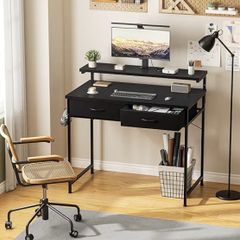 Gaming Desk with Adjustable Monitor Stand, Computer Office Desk with 2 Storage Drawers, Gaming Table with Headphone Hook, Carbon Fibre Surface, for Gamers, Workers and Students, Black, 80cm