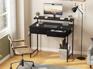 Gaming Desk with Adjustable Monitor Stand, Computer Office Desk with 2 Storage Drawers, Gaming Table with Headphone Hook, Carbon Fibre Surface, for Gamers, Workers and Students, Black, 80cm