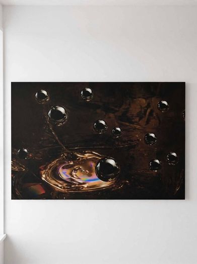 Limited edition contemporary tech-art, abstract series - Black oil spheres / gold leaf texture