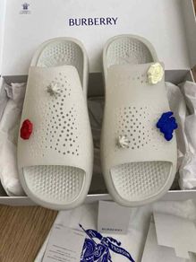 BURBERRY Women's Rubber Slide Sandals White Logo Charms EU 38 Authentic