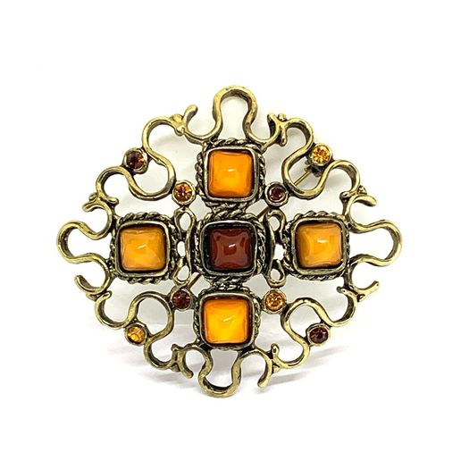 Rare Vintage Gold Tone Amber Brooch