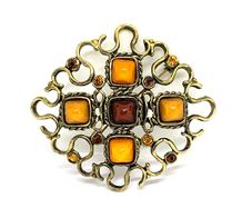 Rare Vintage Gold Tone Amber Brooch