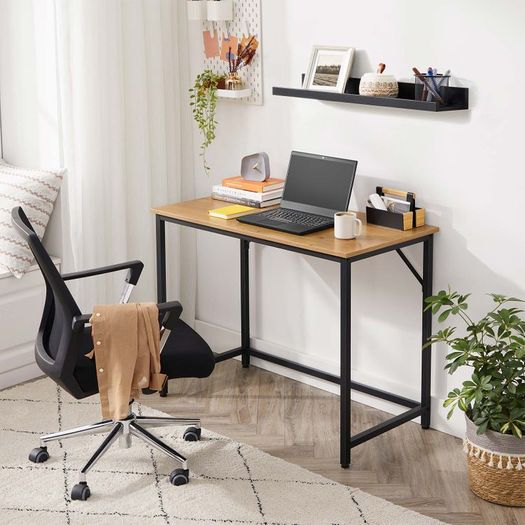 Desk with metal frame desk, computer desk, narrow office desk, 100 x 50 x 75 cm, study, home office, office, simple setup, metal, industrial design, honey-brown-black
