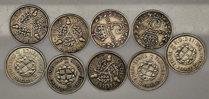 United Kingdom Mixed Dates Silver 3d Threepence Coin Lot x9