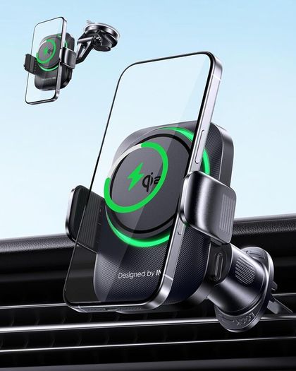 3-in-1 Wireless Car Charger for Magsafe, Extra Clamp for Bumpy Road, Cooling Fan to Extend Battery Life, Original Qi2 Certified 15W Fast Charging Magnetic Car Phone Holder for iPhone 12-17 Series