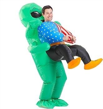 SEASONAL SALE Inflatable Alien Costume for Adult Green Alien Holding Human Costume Funny Halloween Blow up Costume Space Fancy Dress(Adult)