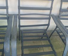 Selling outdoor patio chairs with strong metal frames and durable fabric straps. Perfect for garden, balcony, or outdoor seating.
