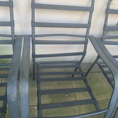 Selling outdoor patio chairs with strong metal frames and durable fabric straps. Perfect for garden, balcony, or outdoor seating.