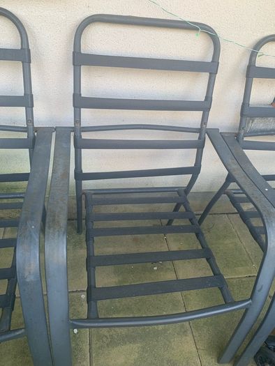Selling outdoor patio chairs with strong metal frames and durable fabric straps. Perfect for garden, balcony, or outdoor seating.