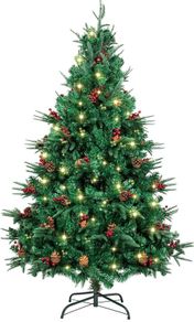 7 foot Artificial Christmas Tree with PVC & PE Branches, Pine Cones, LED Lights and Red Berries