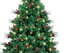 7 foot Artificial Christmas Tree with PVC & PE Branches, Pine Cones, LED Lights and Red Berries
