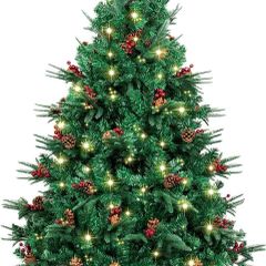7 foot Artificial Christmas Tree with PVC & PE Branches, Pine Cones, LED Lights and Red Berries