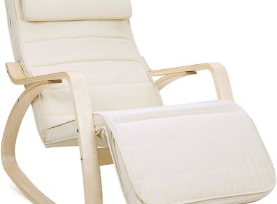 _Rocking chair in birch wood, Rocking chair with footrest adjustable to 5 heights, cotton cover, load capacity 150 kg, for living room, bedroom, Beige