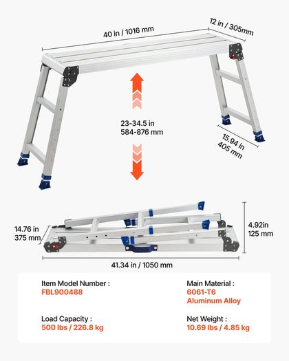 Folding Work Platform, Adjustable Height 584-876 mm, 1016 x 305 mm Aluminum Step Stool, 226.8 kg Load Capacity, Heavy Duty Non-Slip Platform Ladder