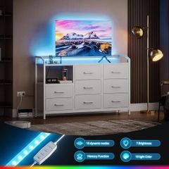 Chest of Drawers with Charging Station and LED Light, Dresser TV Stand with 8 Fabric Drawers