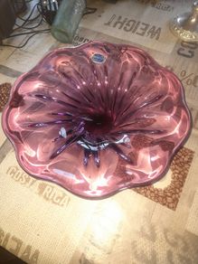 Beautiful Vintage Large Bohemia Crystal Bowl, Pink Purple toned glass with a Ruffled Wavy Bowl Postage Available or Collection